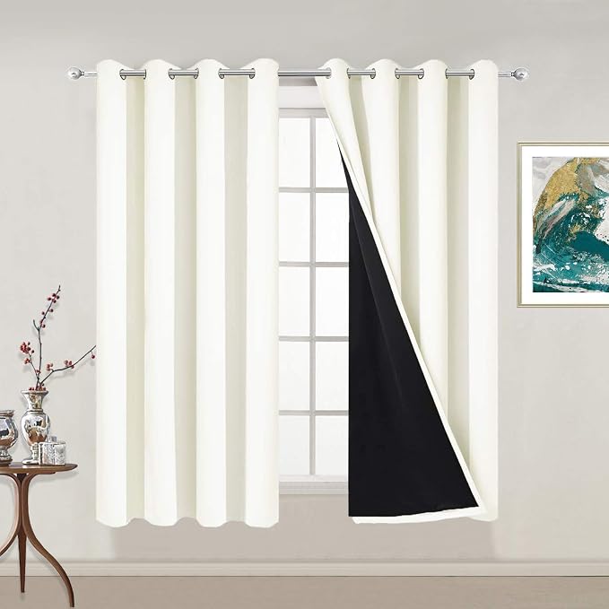 Yakamok Cream 100% Blackout Curtains 54 Inches Long for Bedroom 52" Wide | Blackout Curtain Panels for Bedroom, 2 Thick Layers Grommet Top Thermal Insulated Drapes with Black Liner for Living Room