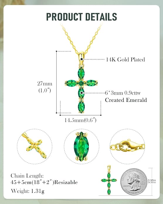 14K Gold Plated 925 Sterling Silver Birthstone Cross Necklace for Women Men
