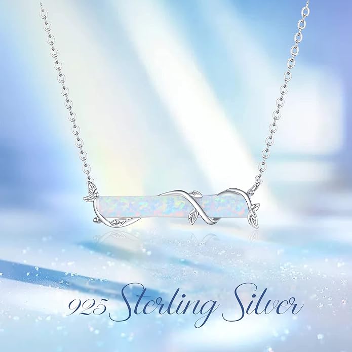 Bar Opal Leaf Necklace For Women S925 Sterling Silver White Opal Pendant with Leaf Charm Bar Pendant Jewelry Gift For Mom Daughter Wife