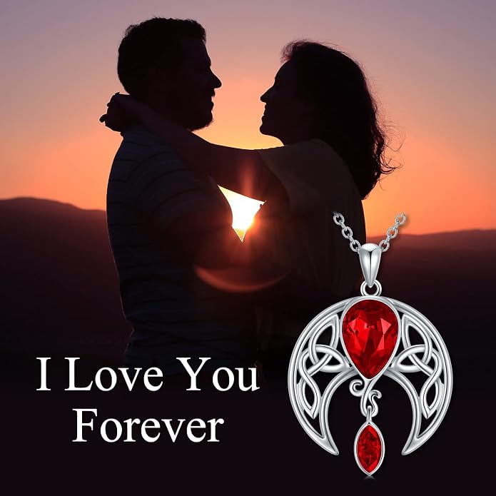 AOBOCO Sterling Silver Celtic Crescent Moon Goddess Pendant Irish Good Luck Necklace with Birthstone Crystal, Celtic Moon Jewelry Gift for Women Mom Wife