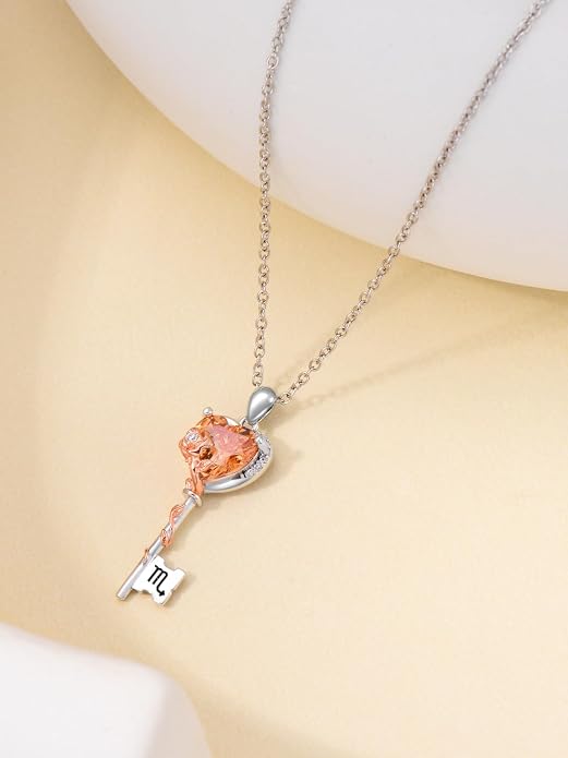 OCJ Zodiac Necklace for Women 925 Sterling Silver Rose Flower Key Pendant Necklaces Zodiac Birthstone Jewelry Wife Birthday Anniversary Christmas Gifts for Her