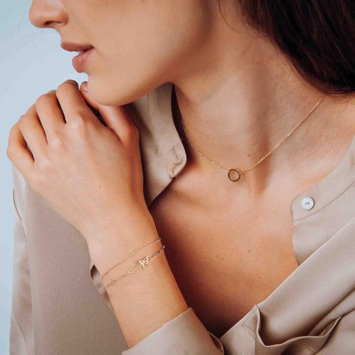 Dainty Gold Bracelets for Women, 14K Gold Plated Adjustable Layered Beads Bracelet Cute Evil Eye Oval Chain Pearl Bar Turtle Gold Bracelets for Women Jewelry