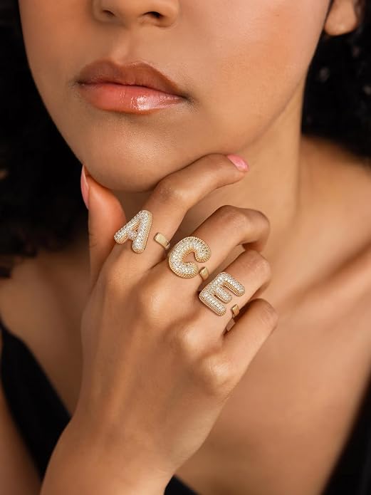 KeyStyle Bold Initial Letter Rings Adjustable, GoldChic Jewelry Women Gold Statement Ring Personalized Engraved Women’s Open Signet Ring for Party (Gold, White Gold, Black)