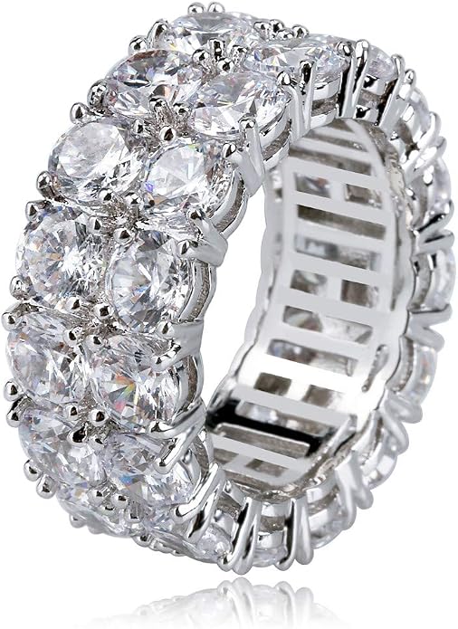 TOPGRILLZ 2-Row Cubic Zirconia Band Ring for Men & Women, 14K Gold Plated Brass, 9 mm Wide Iced-Out Eternity, Sizes 6-12, Golden or Silvery