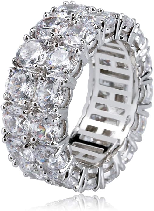 TOPGRILLZ 2-Row Cubic Zirconia Band Ring for Men & Women, 14K Gold Plated Brass, 9 mm Wide Iced-Out Eternity, Sizes 6-12, Golden or Silvery