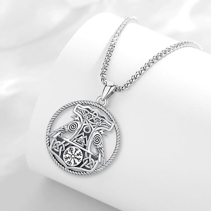 Viking Necklace Pendant for Men Women,925 Sterling Silver Gold Mjolnir Thors Hammer Celtic Cross Necklace Wolf Odin Raven Freya Goddess Norse Pagan Compass Vegvisir Yggdrasil Nordic Viking Jewelry Gifts