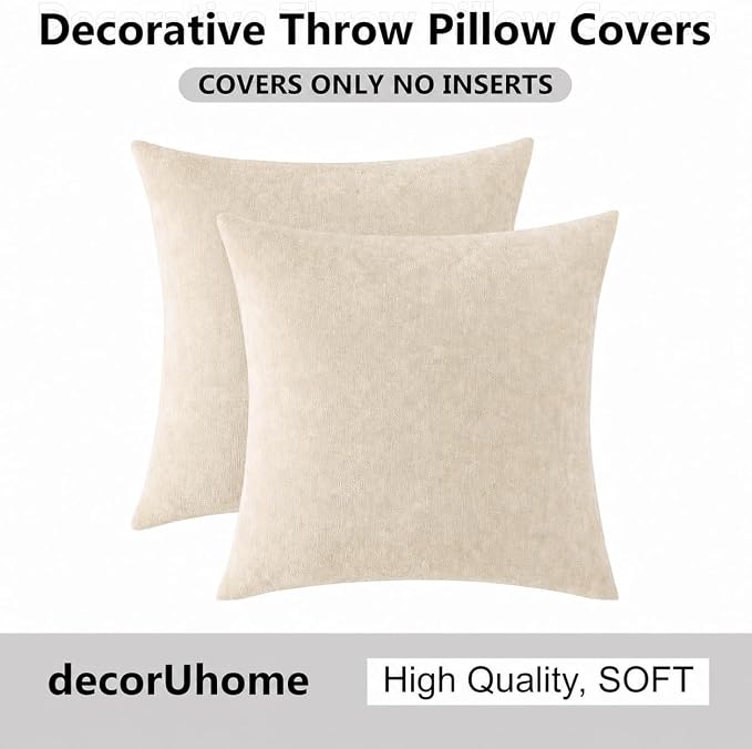 decorUhome Soft Chenille Beige Throw Pillow Covers 20X20 Set of 2 | Decorative Fall Couch Pillow Covers Solid Dyed Accent Modern Farmhouse Neutral Square Pillow Cases for Sofa