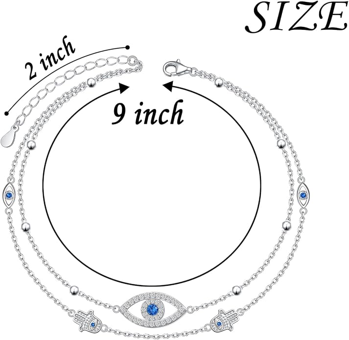 Ladytree S925 Sterling Silver Boho Beach Double Layer Anklets Bracelet for Women Adjustable 9 to 11 inches
