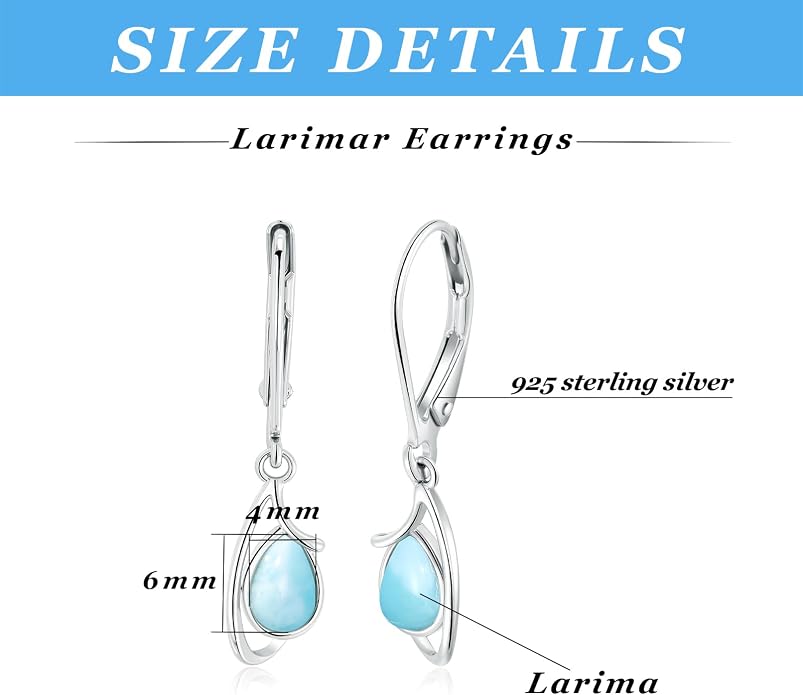 Larimar Dangle Earrings, 925 Sterling Silver Gemstone Larimar Drop Earrings for Women