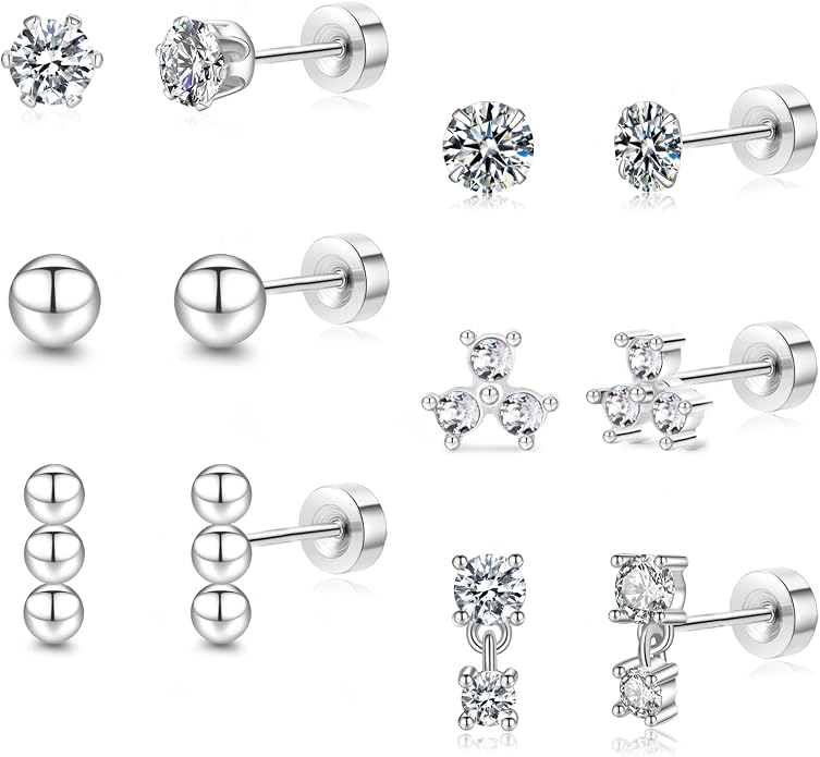 Senteria 6/8 Pairs Stainless Steel Stud Earrings for Women Hypoallergenic Flat Back Stud Earrings Tiny Stainless Steel Earring Small Cartilage Earring Set for Multiple Piercing