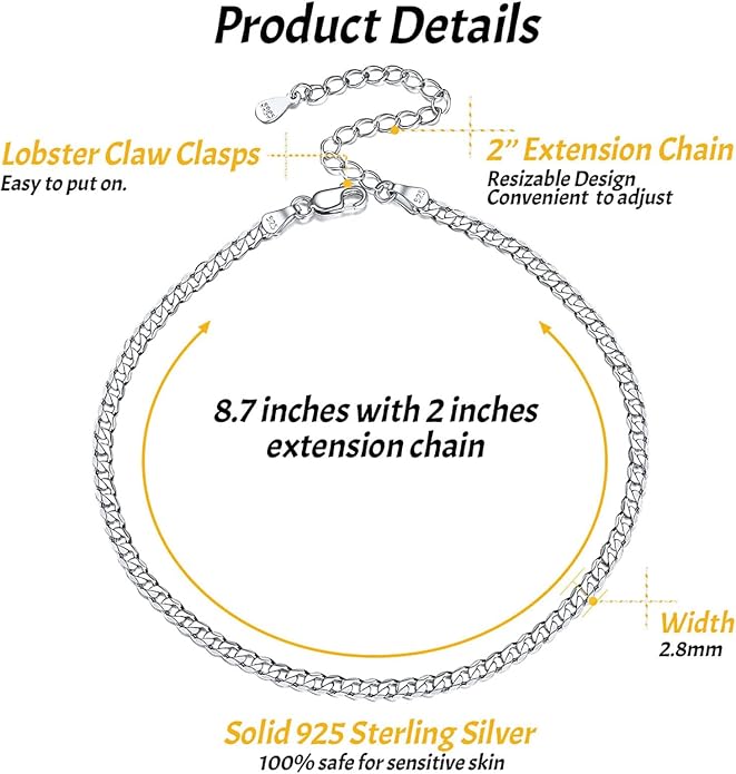 ChicSilver 925 Sterling Silver Ankle Bracelet for Women, Simple Cuban Link/Figaro/Twist Rope Chain Anklets for Beach Party(with Gift Box)