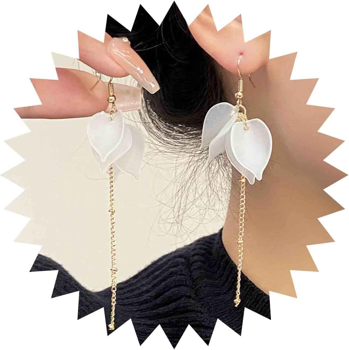 Vintage Acrylic Flower Petal Drop Earrings Gold Long Tassel Chain Earrings White Resin Flower Hook Earrings Wedding Flower Earrings Jewelry for Women