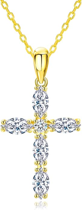 14K Gold Plated 925 Sterling Silver Birthstone Cross Necklace for Women Men