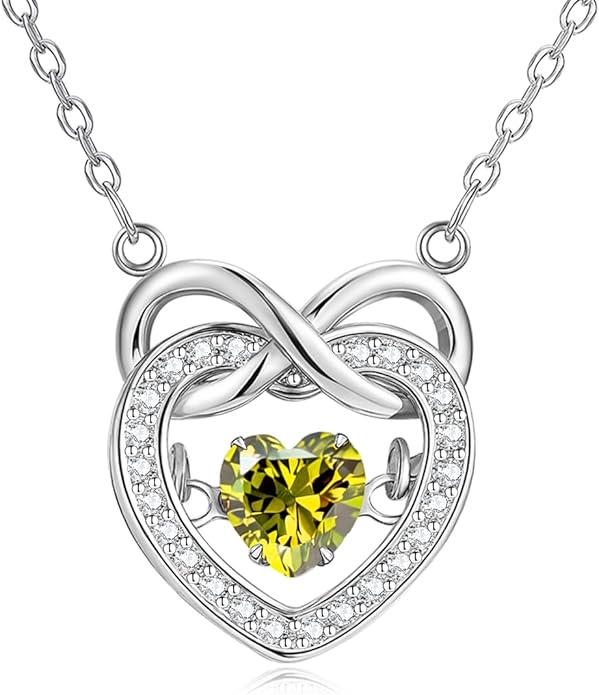 Trendy Dainty Infinity Birthstone Necklace, Dancing Heart 18K White Gold Plated 925 Sterling Silver Heart Necklace, Romantic Love Jewelry Graduation Gifts for Women Her