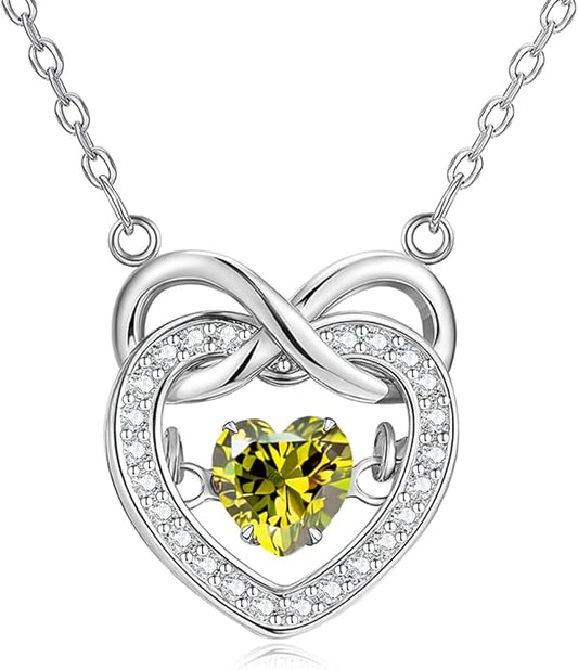 Trendy Dainty Infinity Birthstone Necklace, Dancing Heart 18K White Gold Plated 925 Sterling Silver Heart Necklace, Romantic Love Jewelry Graduation Gifts for Women Her