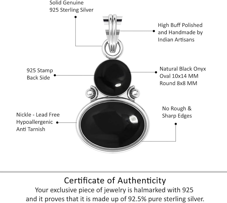 Handmade Genuine 925 Sterling Silver Pendant Necklace Natural Gemstone Crystal, Lapis, Onyx, Amber Oval Round Boho Jewelry For Women