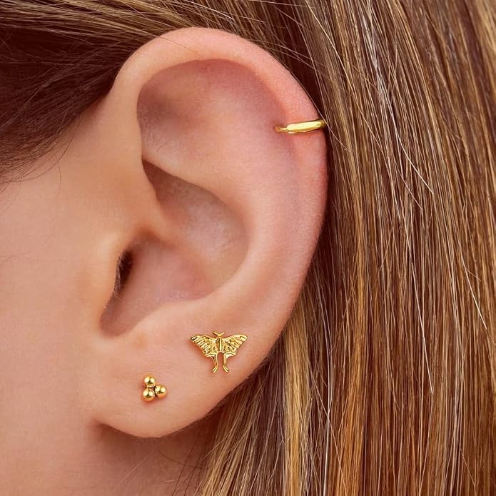 Casvort 3 PCS ASTM F136 Titanium 16G/18G Moth Bird Snail Flower Heart Spiral Threadless Flatback Piercing Stud for Nose, Labret, Tragus, Helix, Conch with 6mm 7mm and 8mm Post- Cartilage Earring Body Piercing Jewelry
