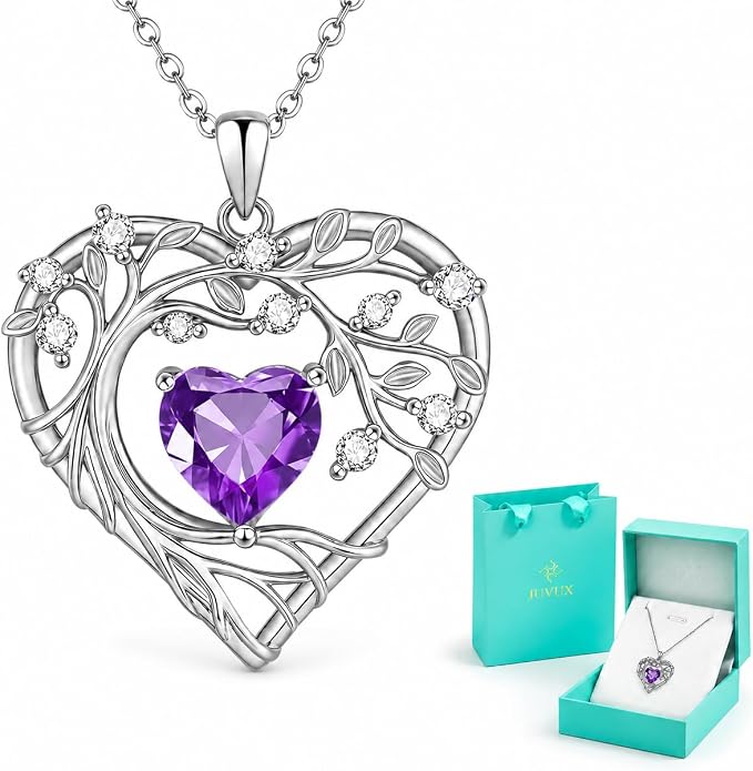 Tree of Life Birthstone Pendant Necklace - 925 Sterling Silver Heart Cubic Zirconia Diamond Women Pendant Necklaces for Her Daughter Girlfriend Birthday Gift Ideas for Wife Mom for Valentines Day