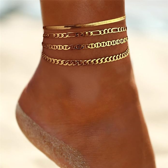 Rotnso Anklets for Women 14K Gold Silver Plated Ankle Bracelets Trendy Waterproof Boho Anklets Set Adjustable Dainty Cute Diamond Beaded Heart Non Tarnish Summer Beach Jewelry Gift