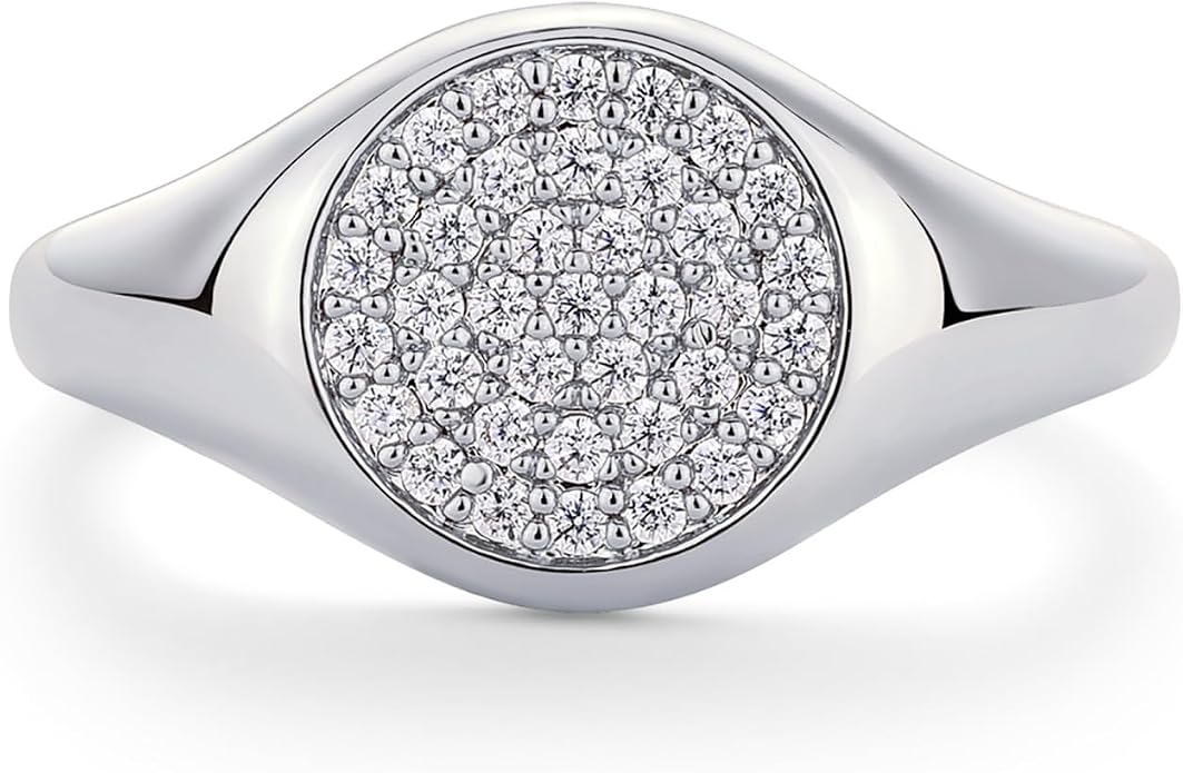 PAVOI 14K Gold Plated Signet Ring for Women - Pinky Ring with Round Cubic Zirconia - Dainty Lightweight Thin Statement Jewelry