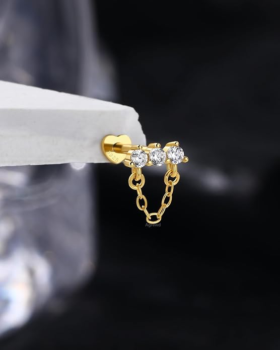 14K Gold Plated Cartilage Earrings Stud 16G 925 Sterling Silver Helix Heart Flat Back Earrings Dangle Internally Thread
