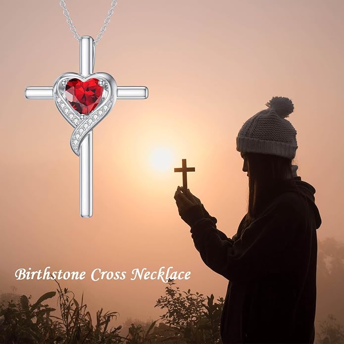 TOUPOP Birthstone Cross Necklace for Women 925 Sterling Silver Heart Cross Pendant Necklace Mothers Day Birthday Jewelry Gifts for Mom Wife Her