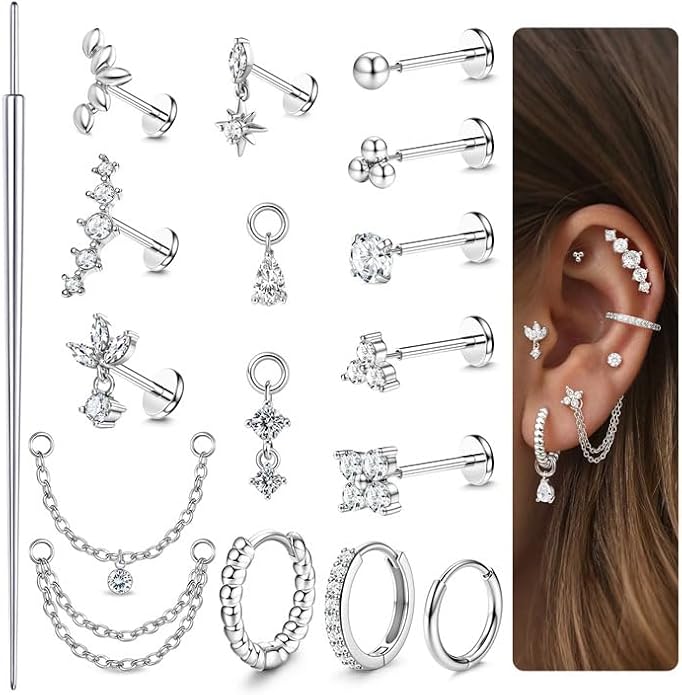 ORAZIO 16G/18G/20G Threadless Flat Back Earrings 316L Surgical Steel Cartilage Earring Stacks Flatback Push in Nose Rings Studs Hypoallergenic Tragus Helix Conch Labret Medusa Piercing Jewelry