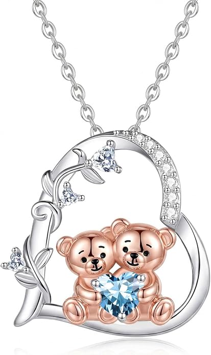 PELOVNY Teddy Bear Necklace for Women 925 Sterling Silver Bear/Highland Cow/Fox/Cat/Axolotl Birthstone Necklace Christmas Birthday Jewelry Gifts for Mom Daughter Wife Sister