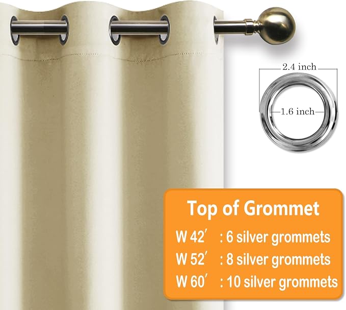Hiasan Grommet Blackout Curtains for Bedroom, 70 x 84 Inches - Thermal Insulated & Light Blocking Window Drapes for Living Room/Dorm Room, Set of 2 Panels Sewn with Tiebacks, Light Beige