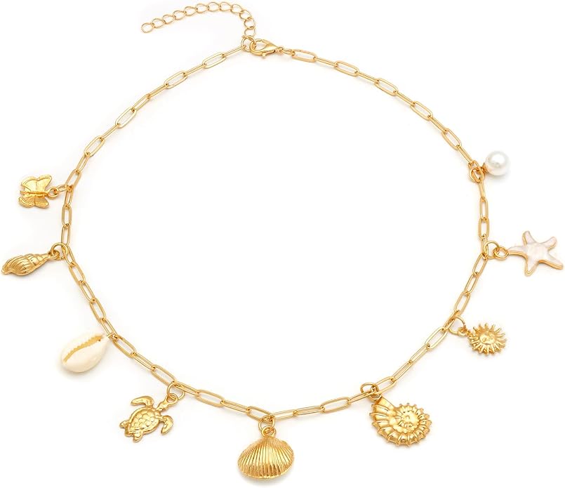 14K Gold Plated Paper Clip Chain Link Necklace Satellite Cross Key Starfish Turquoise Heart Necklace for Women