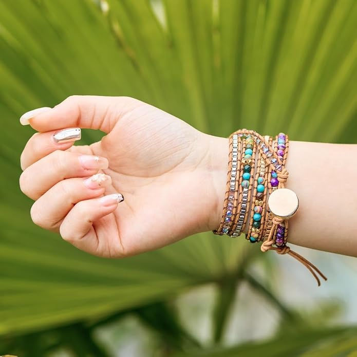 YGLINE Boho Leather Wrap Bracelet for Women- Gemstone Handmade Healing Crystal Beaded 5 Wrap Bohemian Jewelry Collection
