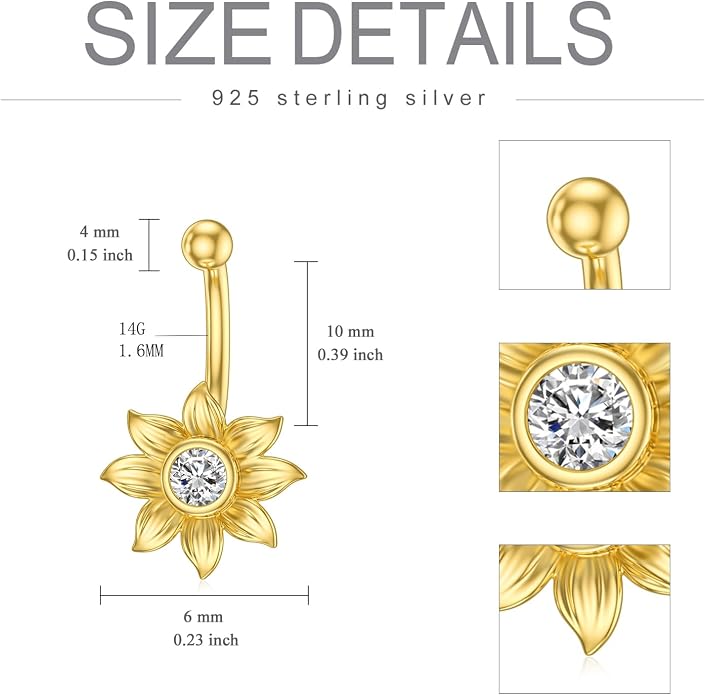 Solid 14K Gold Sunflower Belly Button Ring 14G 14K Real Gold Daisy Navel Rings Gold Dangle Belly Button Piercing Jewelry Gift for Women Wife Valentine's Day Birthday
