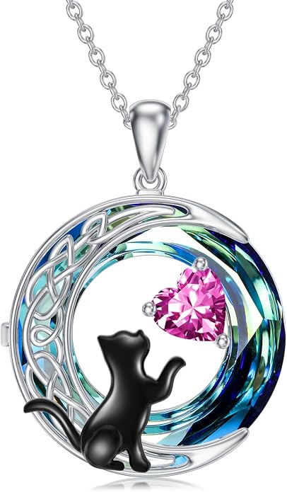 TOUPOP Cat Gifts for Cats Lovers 925 Sterling Silver Black Cat Necklace Celtic Moon Birthstone Jewelry for Women Anniversary Birthday Gift for Her Wife Mom