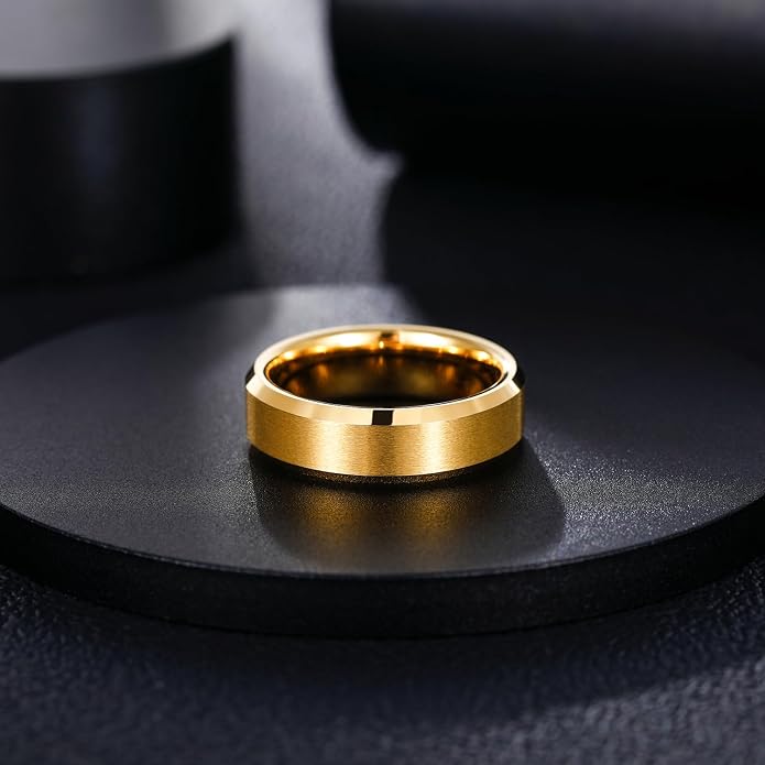 Greenpod 4mm 6mm Tungsten Carbide Ring for Men Women Beveled Edge Brushed Silver/Black/24K Gold Plated Wedding Band Comfort Fit Size 4-13