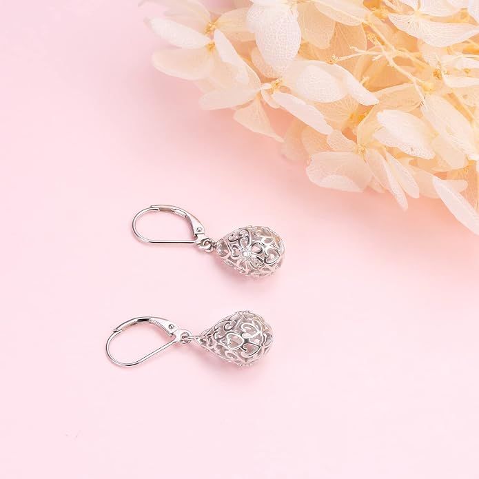 925 Sterling Silver Filigree Dangle Drop Earrings Daisy/Lotus/Rose Flower/Moonstone Leverback Teardrop Earrings for Women Infinity Celtic Knot Daisy Lotus Jewelry for Mothers Day