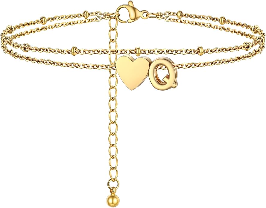 Initial Ankle Bracelets for Women, Dainty Stainless Steel Letter A-Z Layered Anklets, Heart Ankle Bracelet 8.5"-10.5" Adjustable, Summer Beach Jewelry, Come with Box