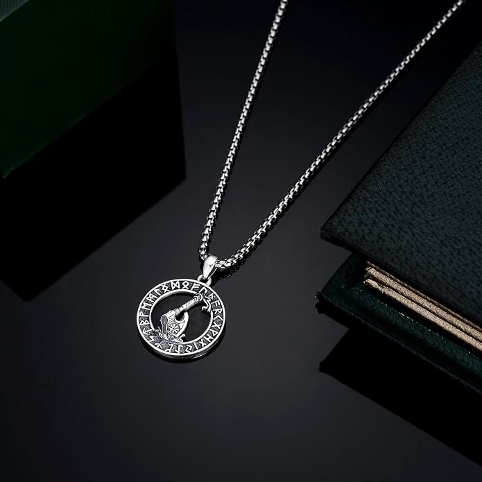 Viking Necklace for Men S925 Sterling Silver Odin/Troll Cross/Compass/Raven/Valknut/Axe Rune Amulet Necklace Norse Jewelry for Christmas Birthday