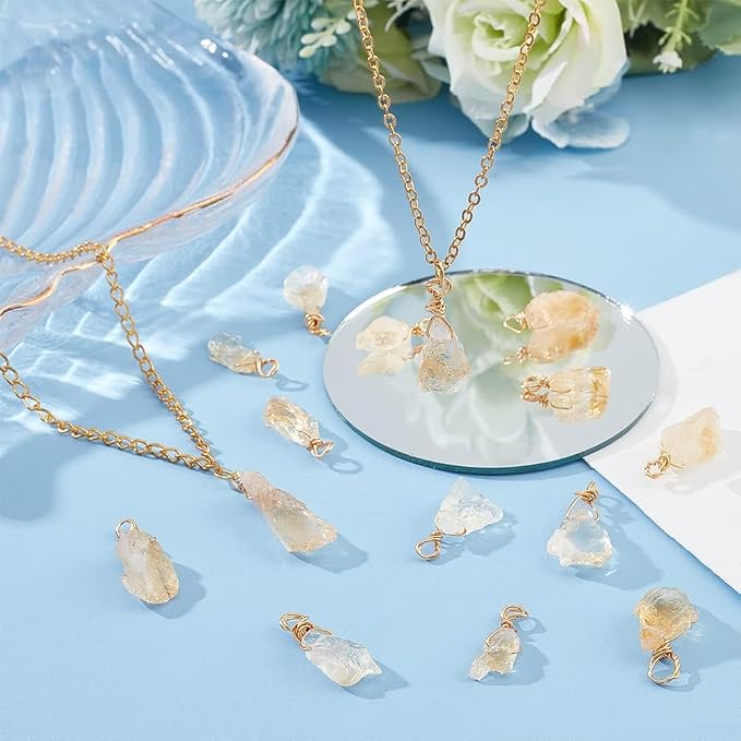 DICOSMETIC 20Pcs Natural Stone Pendants Raw Citrine Pendants Wire Wrapped Crystal Charm Irregulate Gemstone Charms Crystal Pendant for Jewelry Crafts Making, Hole: 3mm