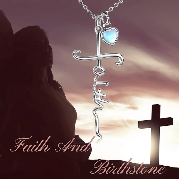 Faith Cross Necklace For Women Birthstone Sterling Silver with Simulated Birthstone Cross Jewelry Christian Gifts
