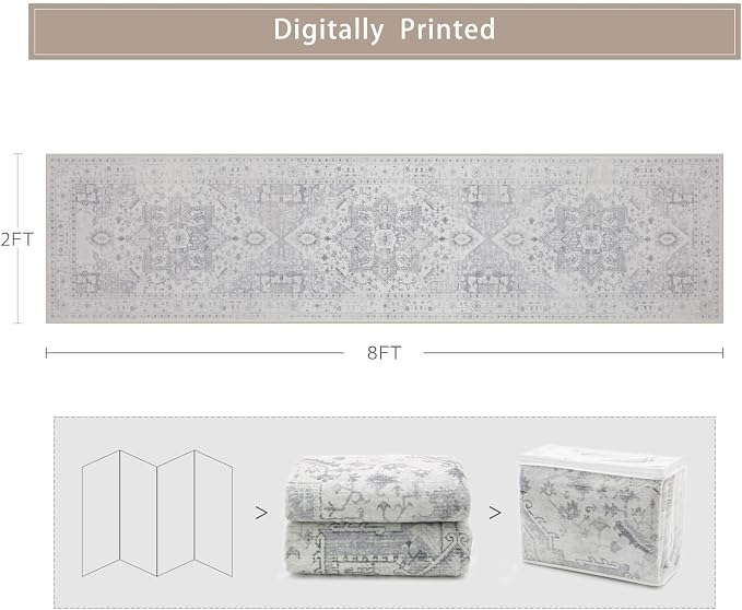 Srugn Kitchen Rug - Non Slip Hallway Runner - 2x8 Soft Faux Wool Washable Grey Vintage Throw Rug for Entryway and Bedroom