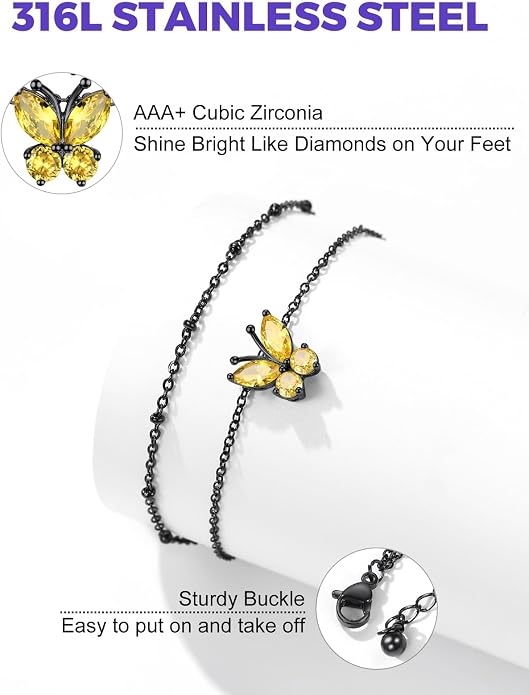 Richsteel Double Layer Heart/Butterfly Birthstone Anklet for Women Non Tarnish Waterproof, Silver/Gold/Black Stainless Steel 8.5-10.5 Inch Adjustable Chain Anklets Jewelry Gifts for Her