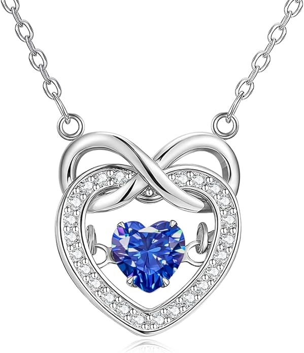 Trendy Dainty Infinity Birthstone Necklace, Dancing Heart 18K White Gold Plated 925 Sterling Silver Heart Necklace, Romantic Love Jewelry Graduation Gifts for Women Her
