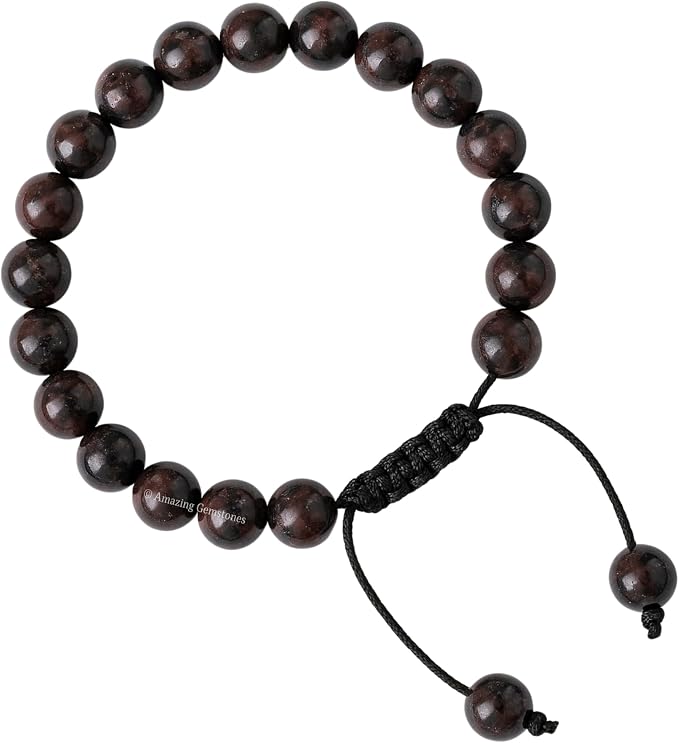 Amazing Gemstone Garnet in Arfvedsonite Bracelet, Gifts for Men & Women - Protection Healing Crystal Bracelet - 8mm Gemstone Beaded Adjustable Bracelet, Pulseras para Hombres Mujer Stocking Stuffers