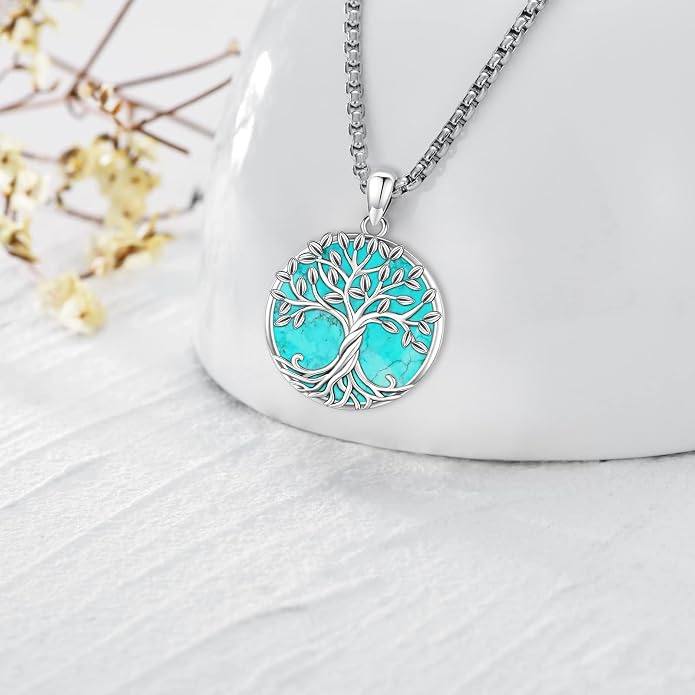 Tree of Life Necklace for Women Sterling Silver Celtic Moon Tree Moonstone Turquoise Pendant Heart Family Tree Necklace for Mother Daughter Sister Gifts