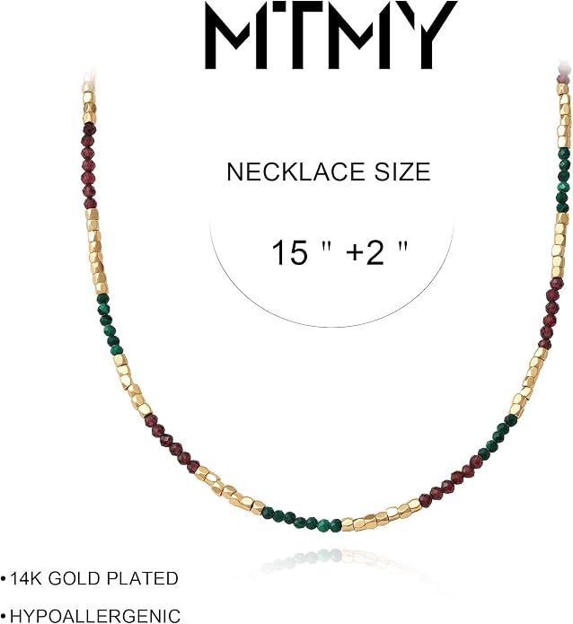 MTMY Beaded Gemstone Choker Necklace for Women, 14K Gold Plated Boho Colorful Natural Stone Bead Chain Necklace Summer Beach Handmade Jewelry