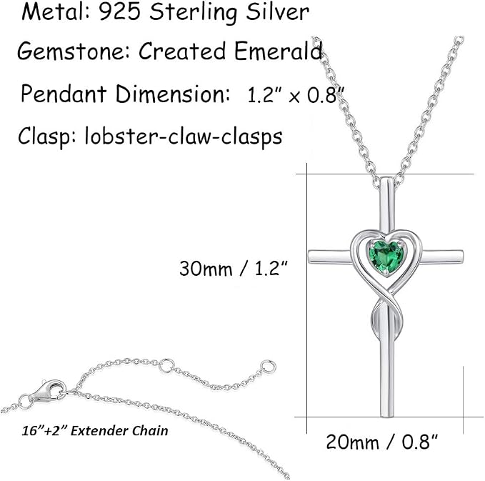 FANCIME Birthstone Cross Necklace for Women Birthstone Necklace Heart Infinity Cross Pendant Necklace Fine Jewelry Christmas Birthday Holiday Gifts for Her, 16"+2" Inches