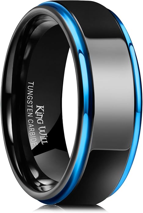 King Will 8mm Black Silver Mens Polished Tungsten Wedding Rings High Polish Surface Wedding Band Blue Silver Step Edge Comfort Fit