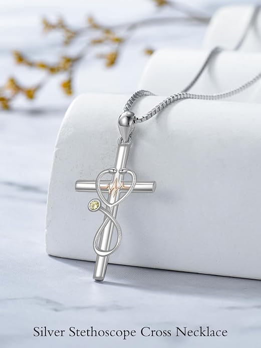 HPQQ Gifts for Nurse Sterling Silver Stethoscope Cross Necklace Nurses Birthstone Jewelry Nursing Themed Medicine Nurses Week Graduation Gifts Doctor Medical Student RN