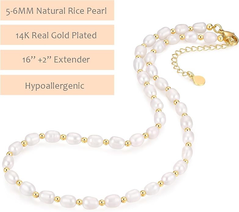 Natural Freshwater Baroque Pearl Necklace 14K Gold Plated Dainty Choker Necklace for Women Girls Snake Chain/Cuban Link/Paperclip/Ball Beaded Chain/Tennis Chain Fashion Jewelry for Gift