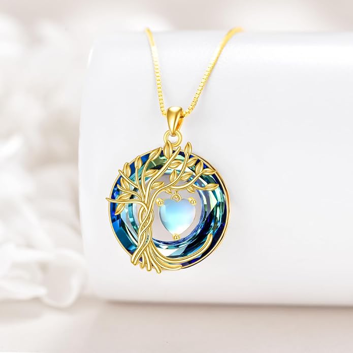 POPLYKE Mothers Day Gifts for Mom Her Wife Tree of Life Necklace 925 Sterling Silver Birthstone Pendant with Crystal Anniversary Birthday Wedding Jewelry for Women